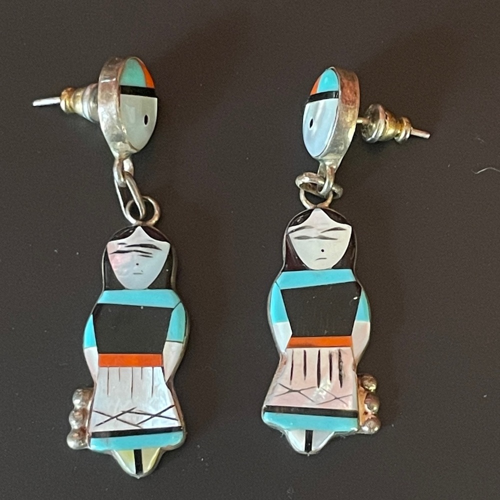 Zuni Sterling Silver Native American Girl Corn Maiden Earrings Inlaid Handmade